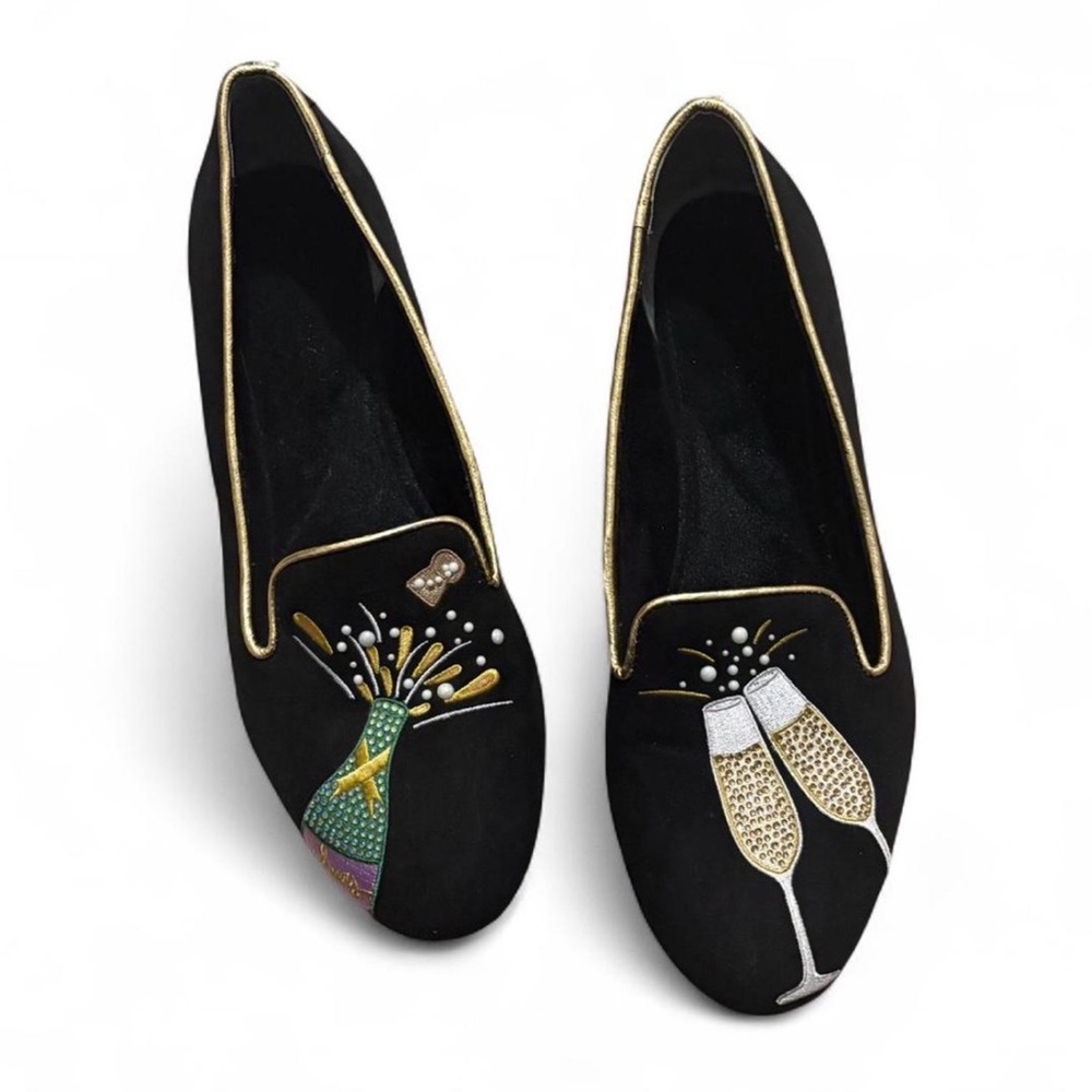 J.Renee Black Velvet Champagne & Bottle Embellished Flats